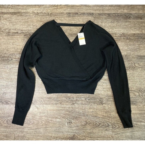 NWT Planet Gold Black Beauty Open V Neck Ribbed Blouse Top Size Small - Picture 1 of 7